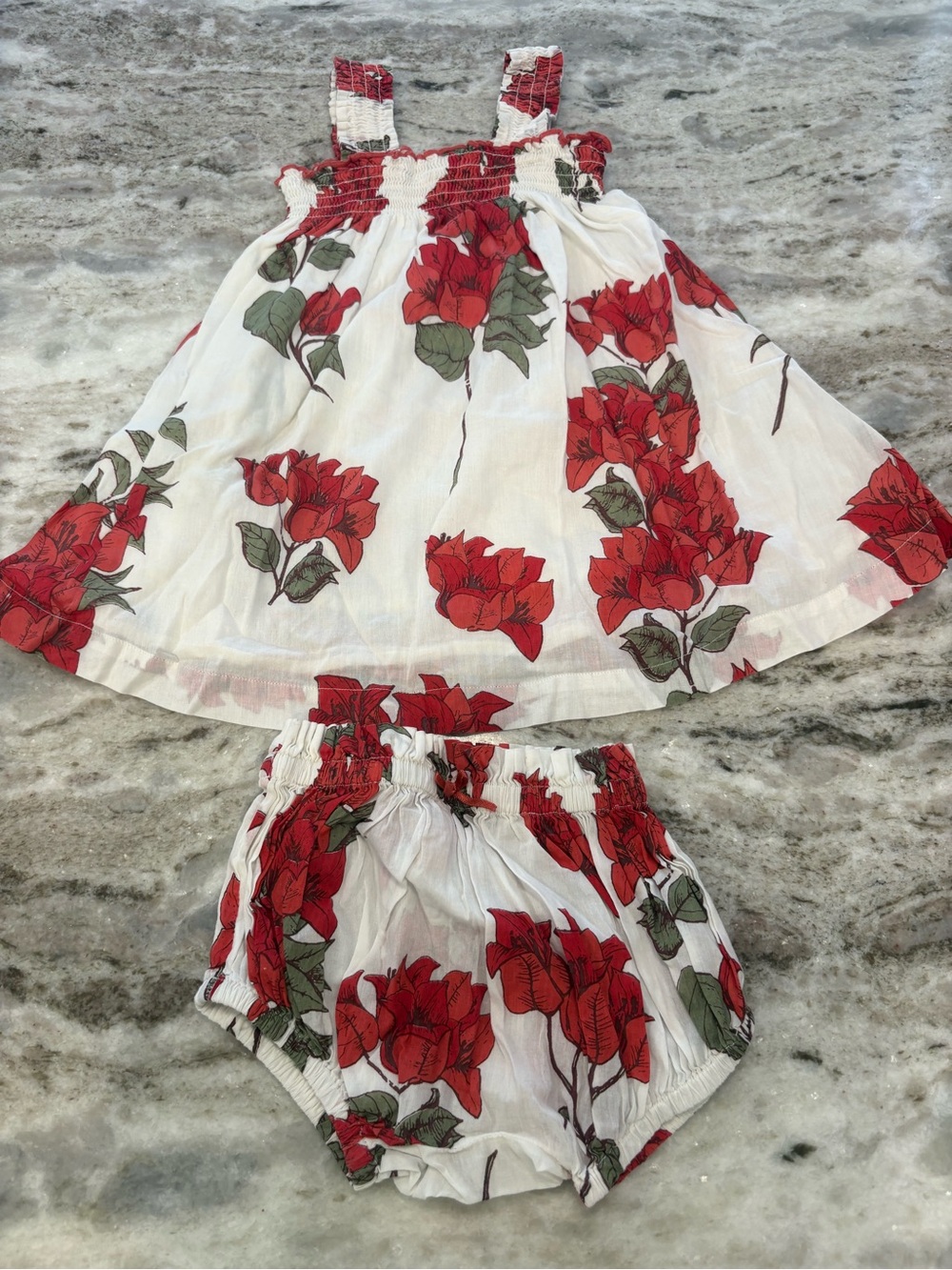 Pink Chicken White Dress & Bloomers with Red Floral Print